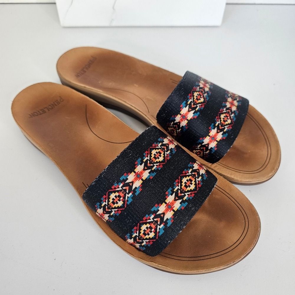 Pendleton Womens Sandals Brown Leather Aztec Carico Lake Black Tribal Slip On 8M